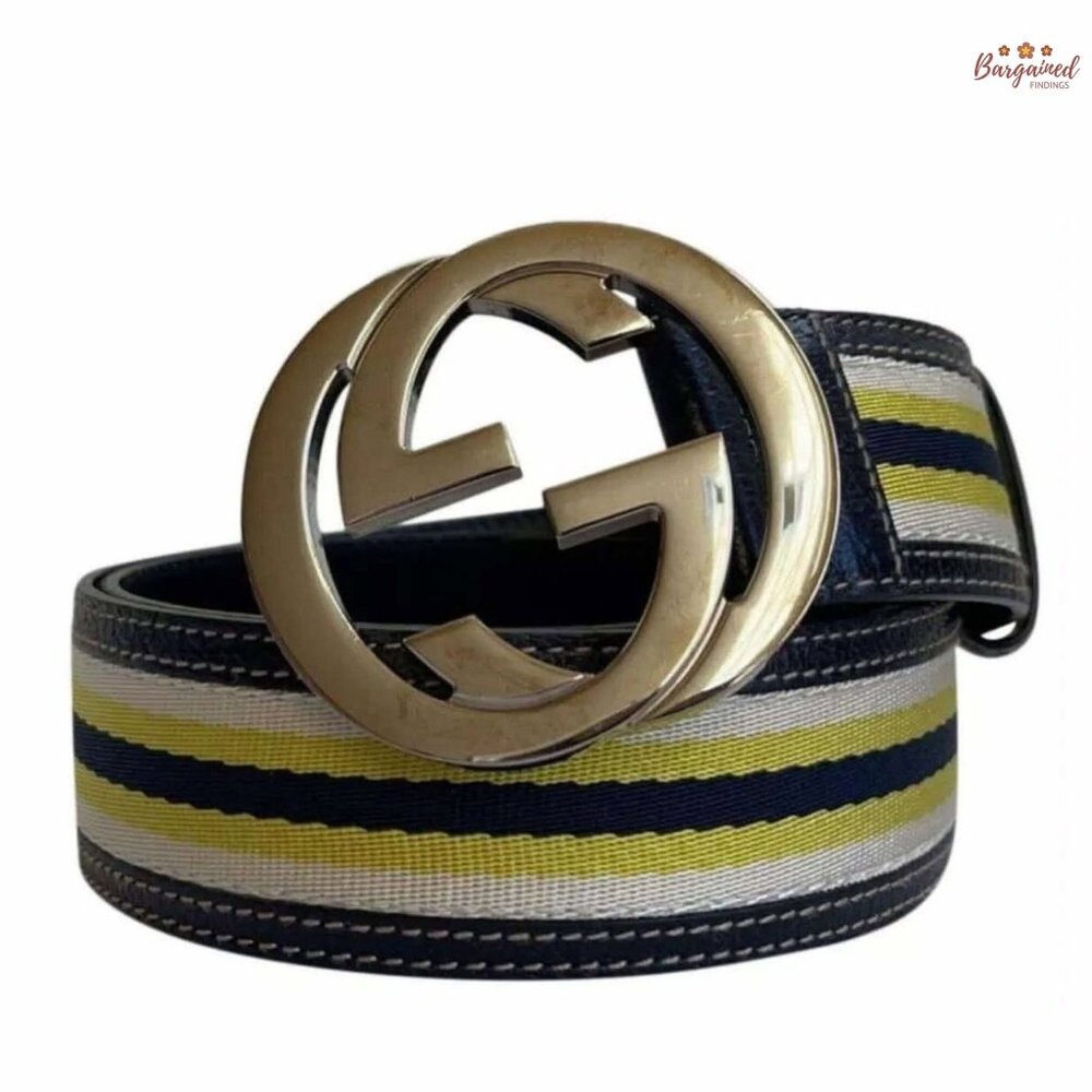 Authentic GUCCI Web Canvas Leather Gold Interlocking G Buckle Belt 85/34
